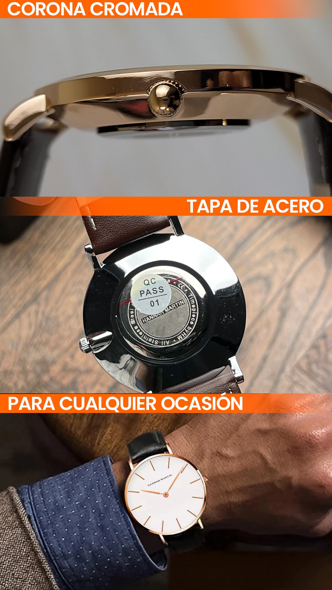 RELOJ ORGINAL HANNAH MARTIN HM-CB01 - ELEGANTE Y CASUAL NEGRO/MARRON | HAN-144, HAN-145, HAN-146