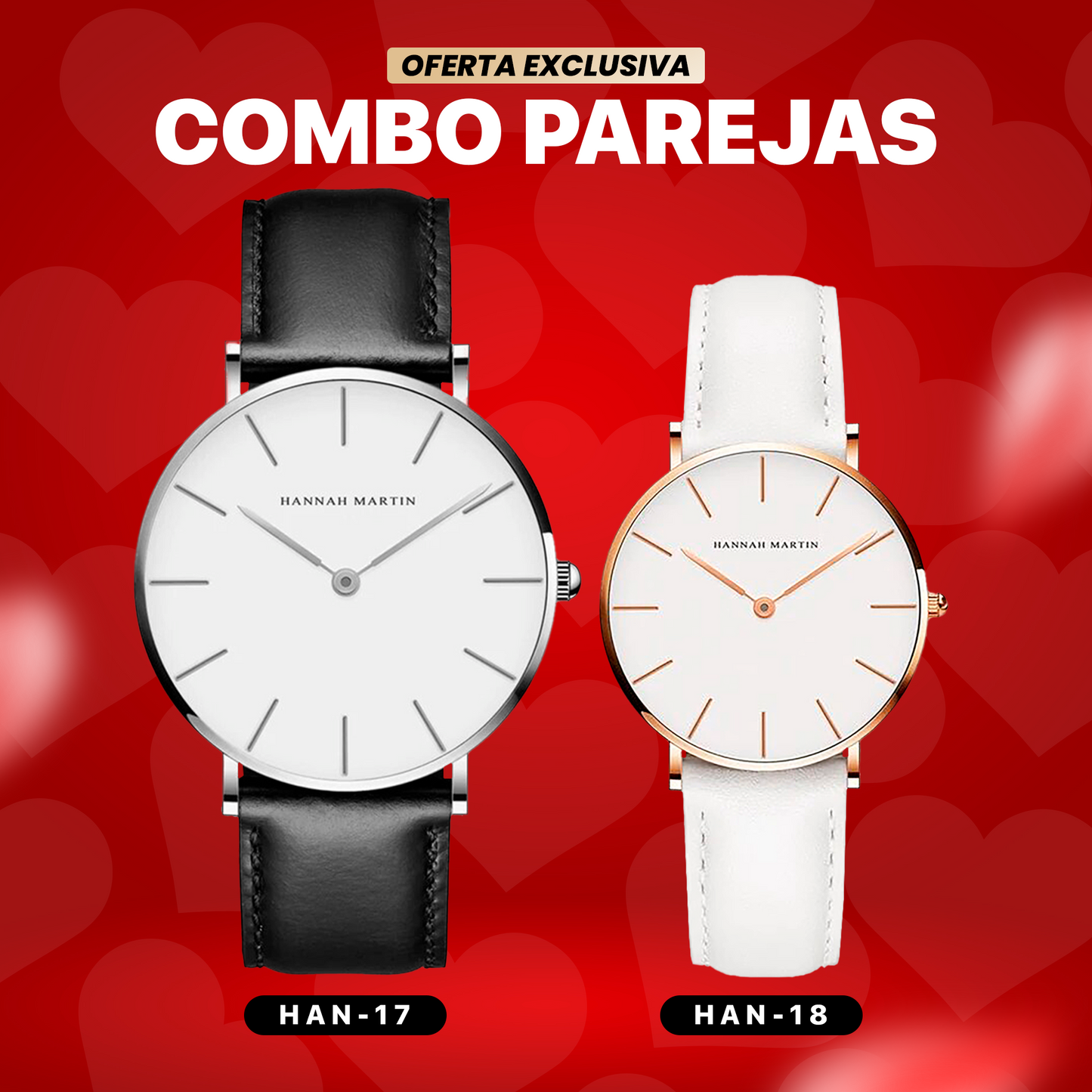 RELOJ HANNAH MARTIN ORIGINAL PARA PAREJA: "BLACK & WHITE LEATHER" | HAN-17/ HAN-18