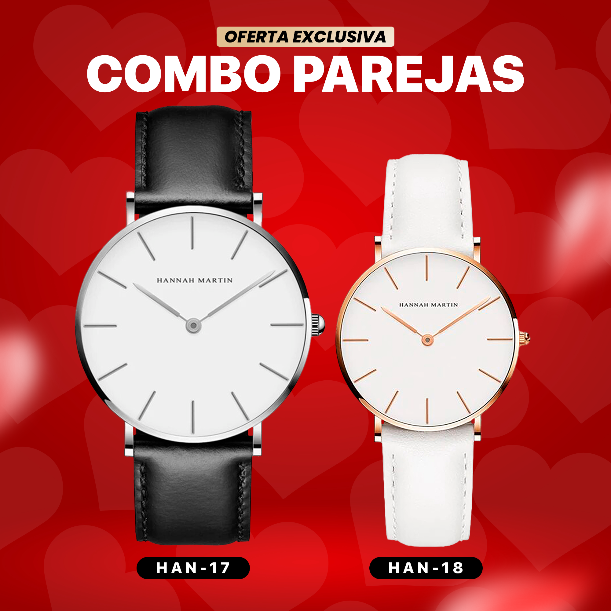 RELOJ HANNAH MARTIN ORIGINAL PARA PAREJA: "BLACK & WHITE LEATHER" | HAN-17/ HAN-18