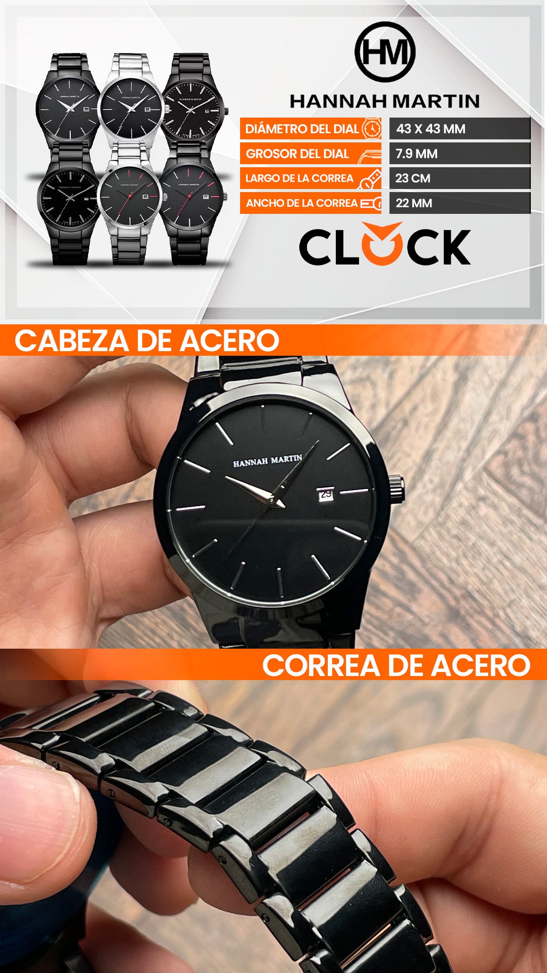 RELOJ HANNAH MARTIN ORIGINAL PLATEADO Y NEGRO| HAN-26 | HAN-48 | HAN-50 | HAN-52