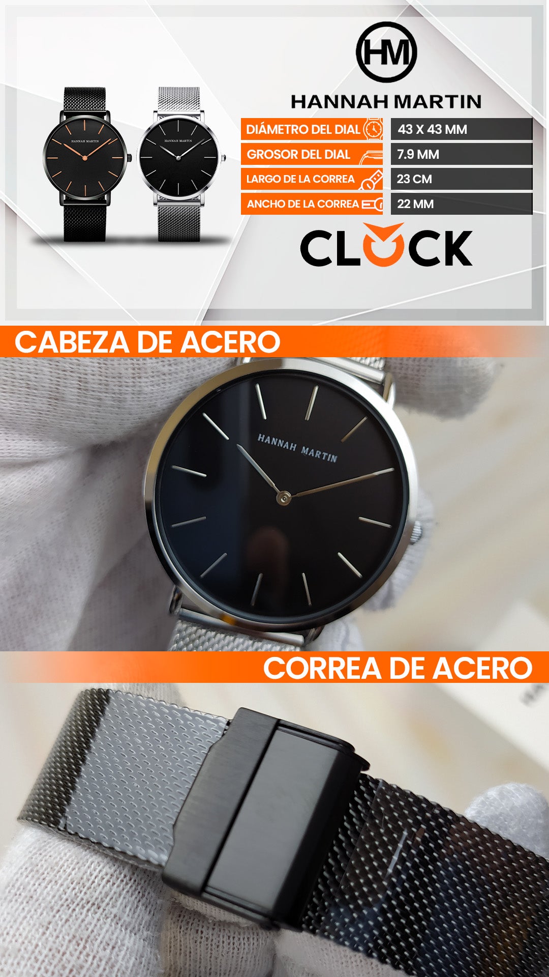 RELOJ HANNAH MARTIN ORIGINAL ELEGANTE NEGRO Y PLATEADO HM-CH02 | HAN-43 - HAN-44