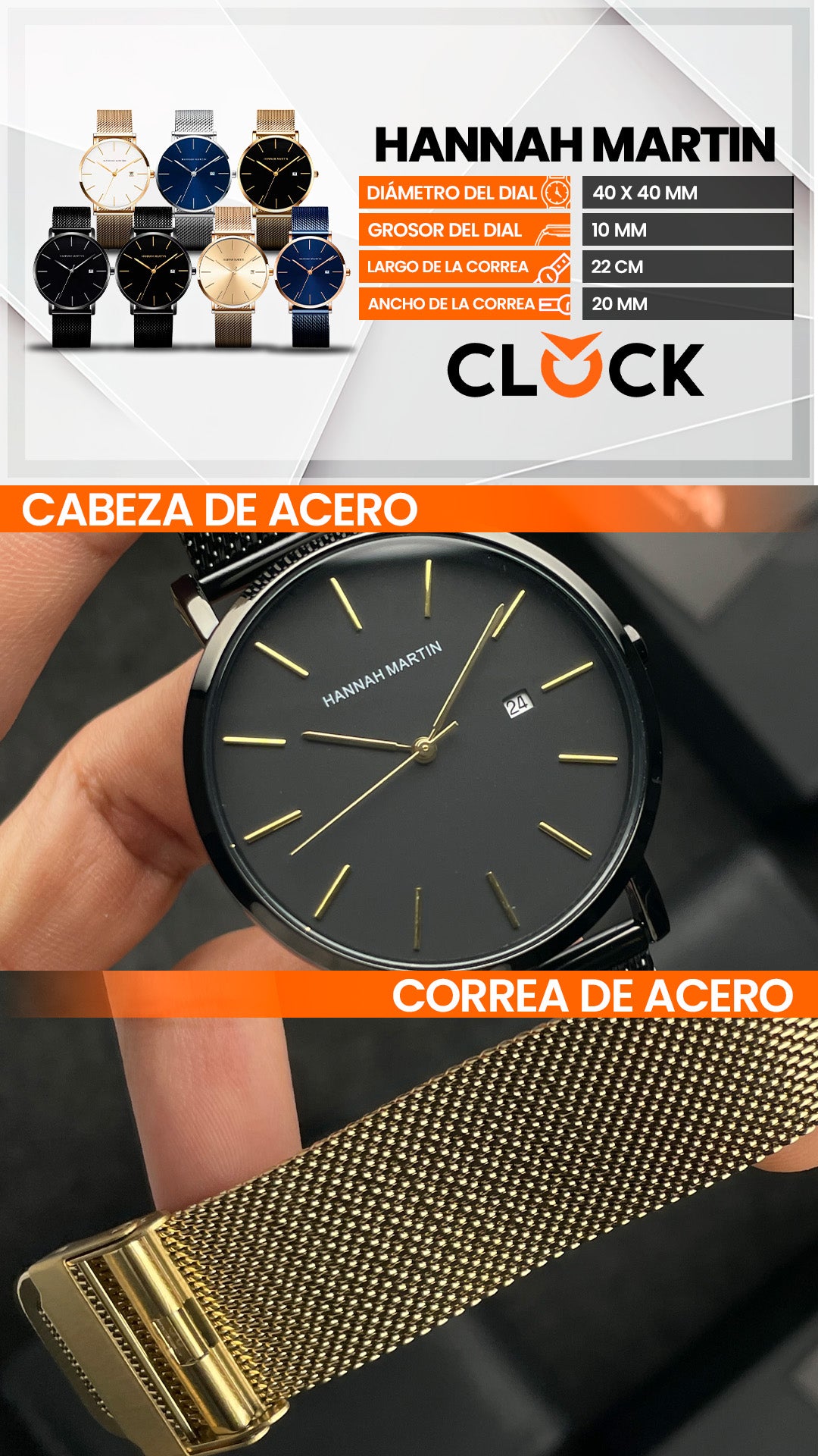RELOJ ORIGINAL HANNAH MARTIN HM151 ELEGANTE Y CASUAL - NEGRO,  AZUL Y DORADO HAN-84 | HAN-85 | HAN-86 | HAN-87 | HAN-150 | HAN-151 | HAN-152