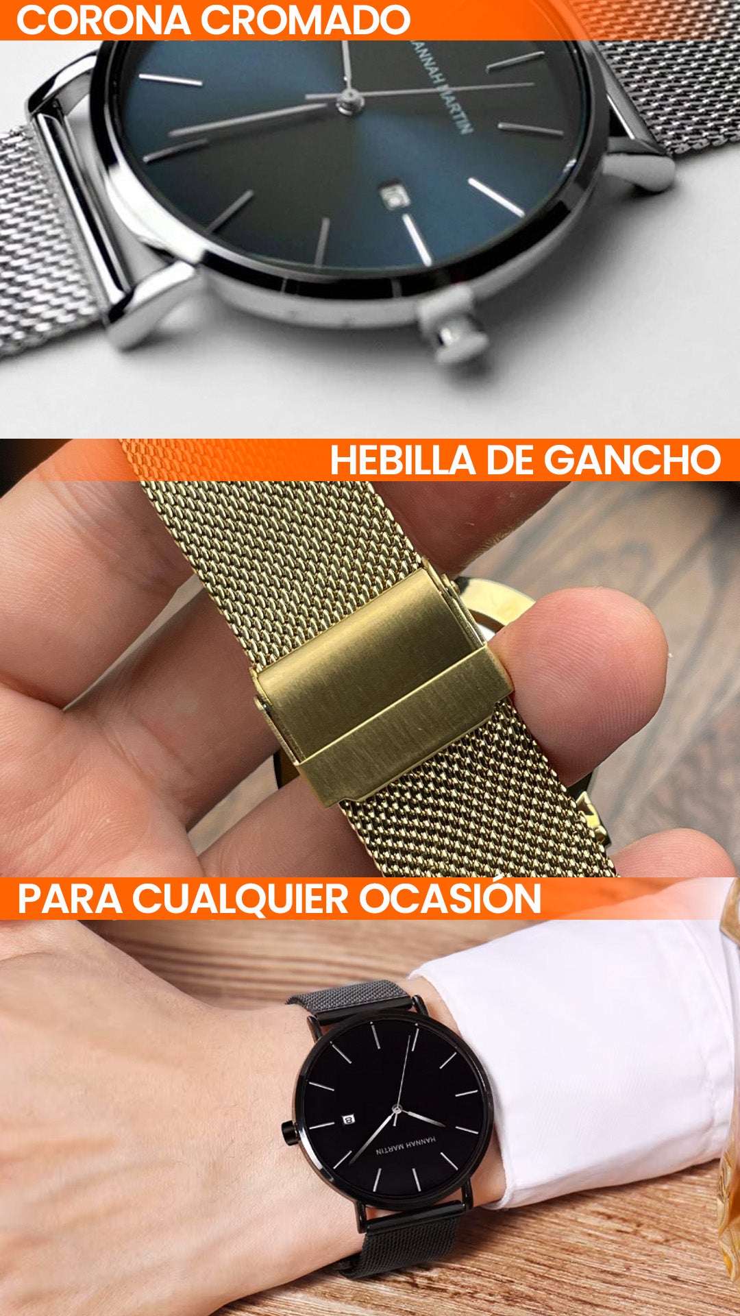 RELOJ ORIGINAL HANNAH MARTIN HM151 ELEGANTE Y CASUAL - NEGRO,  AZUL Y DORADO HAN-84 | HAN-85 | HAN-86 | HAN-87 | HAN-150 | HAN-151 | HAN-152