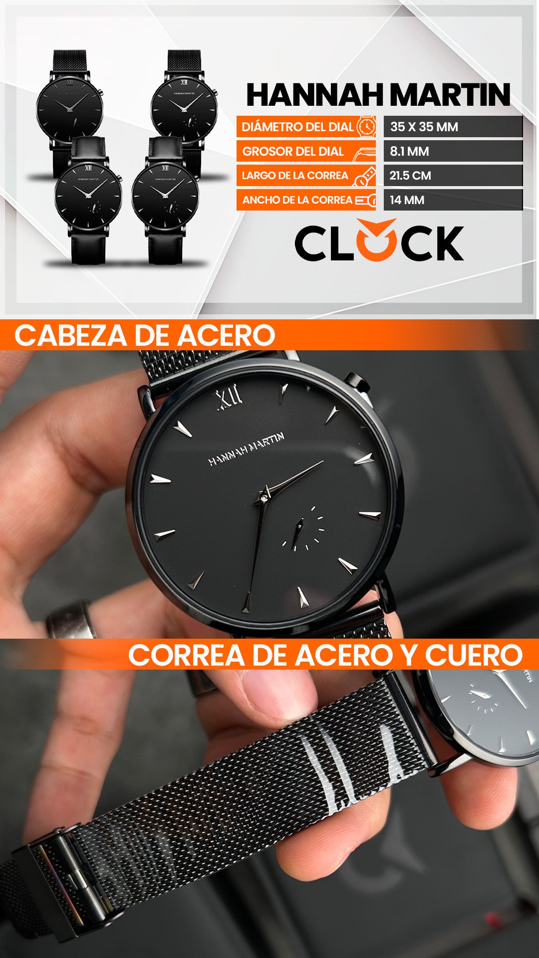 RELOJ ORIGINAL HANNAH MARTIN - ELEGANTE Y CASUAL - NEGRO | HAN-92 | HAN-93 | HAN-128 | HAN-129