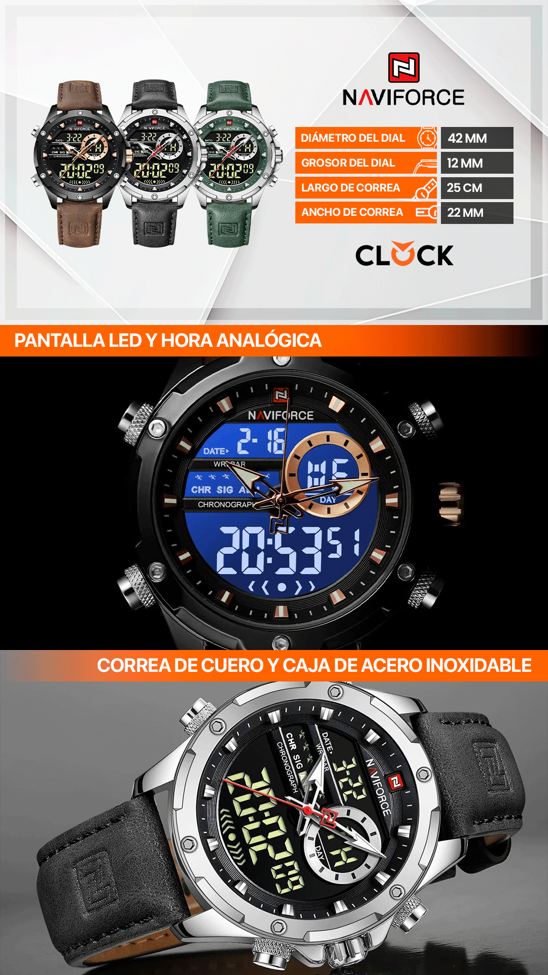 RELOJ NAVIFORCE ORIGINAL CASUAL MARRÓN Y NEGRO | NAV-112 | NAV-113 | NAV-80