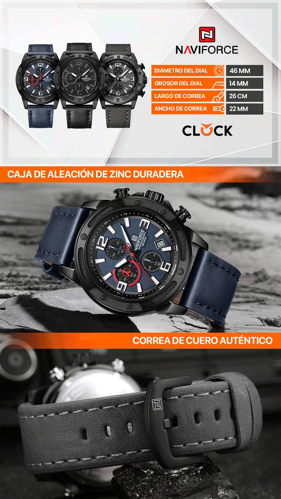 RELOJ NAVIFORCE NF 8074 ORIGINAL NEGRO Y AZUL | NAV-114, NAV-115, NAV-256