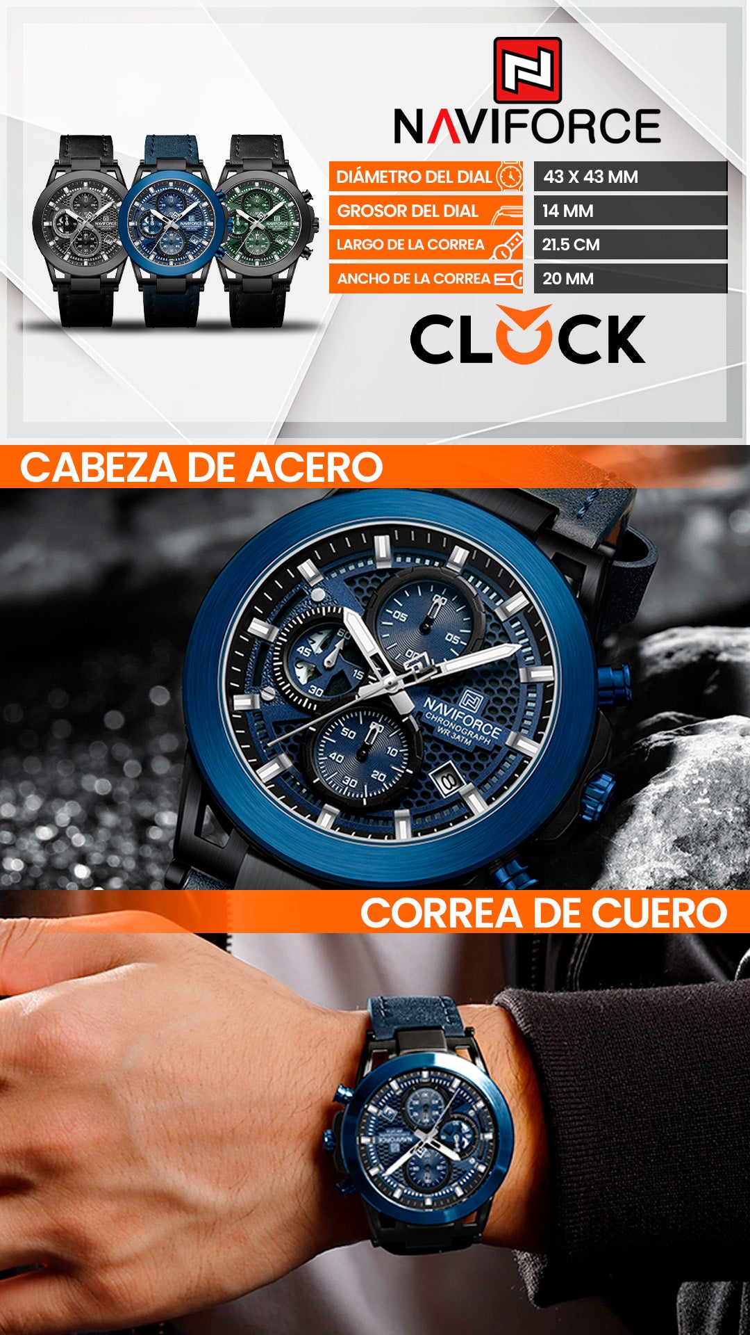 RELOJ NAVIFORCE NF8073 ORIGINAL ELEGANTE NEGRO Y AZUL | NAV-123, NAV-124, NAV-125