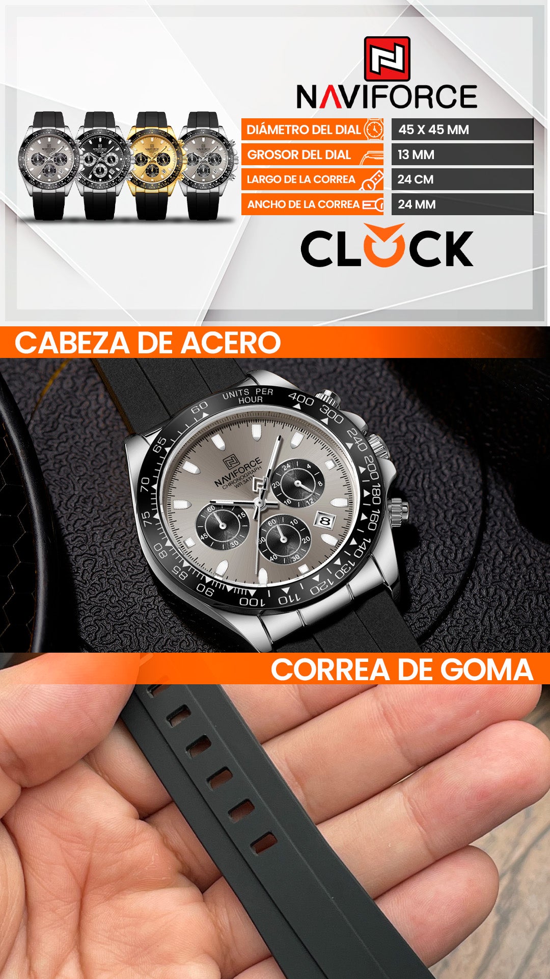 RELOJ NAVIFORCE ORIGINAL CASUAL NEGRO Y DORADO| NAV-159, NAV-160, NAV-161, NAV-162