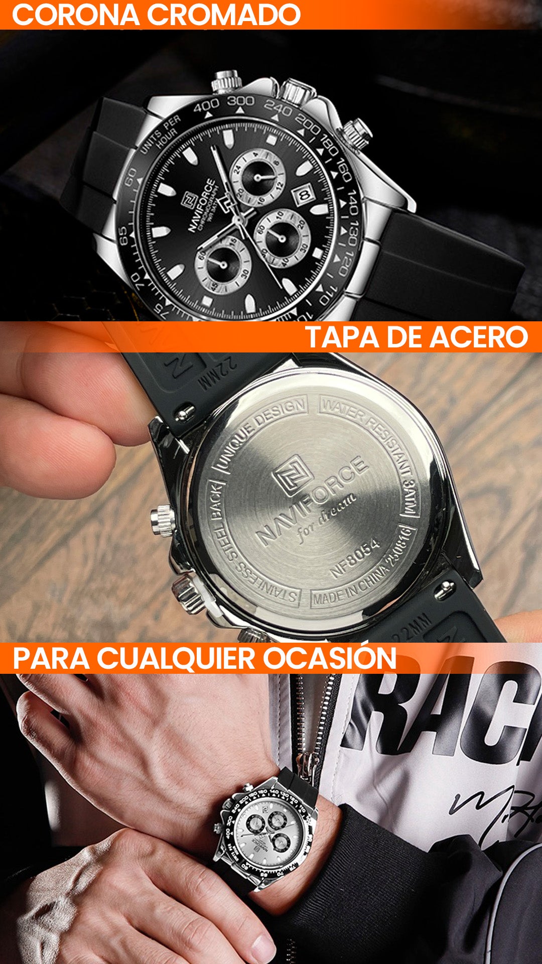 RELOJ NAVIFORCE ORIGINAL CASUAL NEGRO Y DORADO| NAV-159, NAV-160, NAV-161, NAV-162