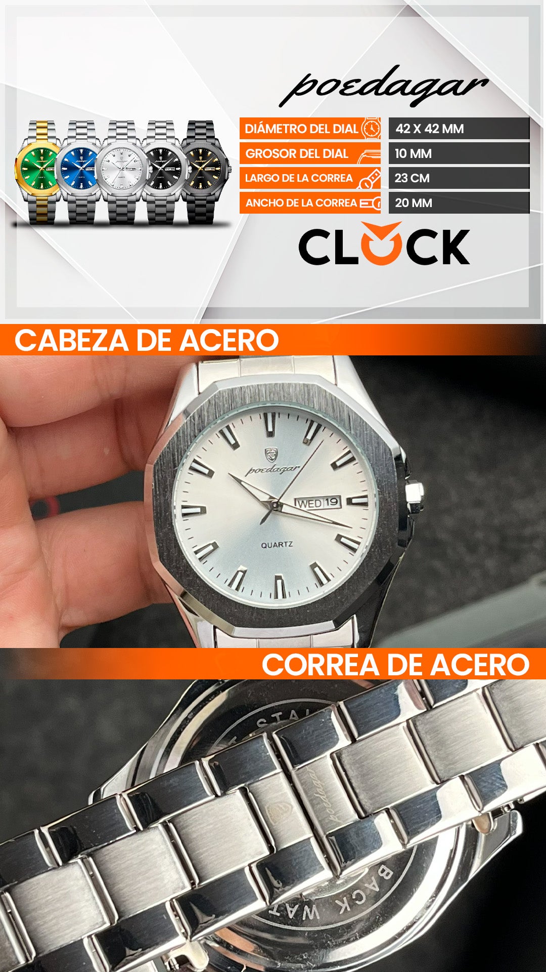 RELOJ POEDAGAR ORIGINAL - ELEGANTE PLATEADO Y NEGRO | POE-21, POE-22, POE-23, POE-24, POE-25