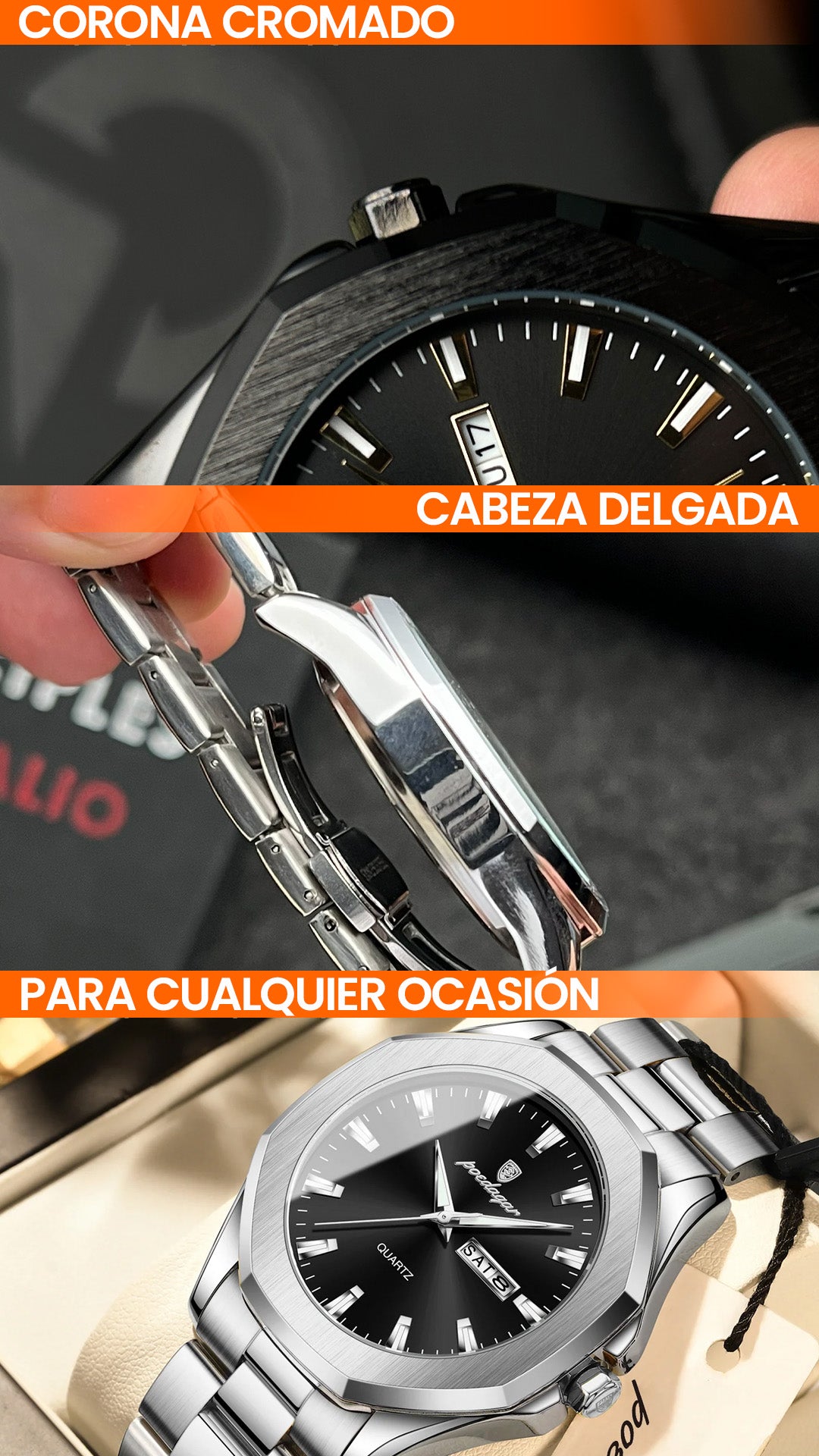 RELOJ POEDAGAR ORIGINAL - ELEGANTE PLATEADO Y NEGRO | POE-21, POE-22, POE-23, POE-24, POE-25