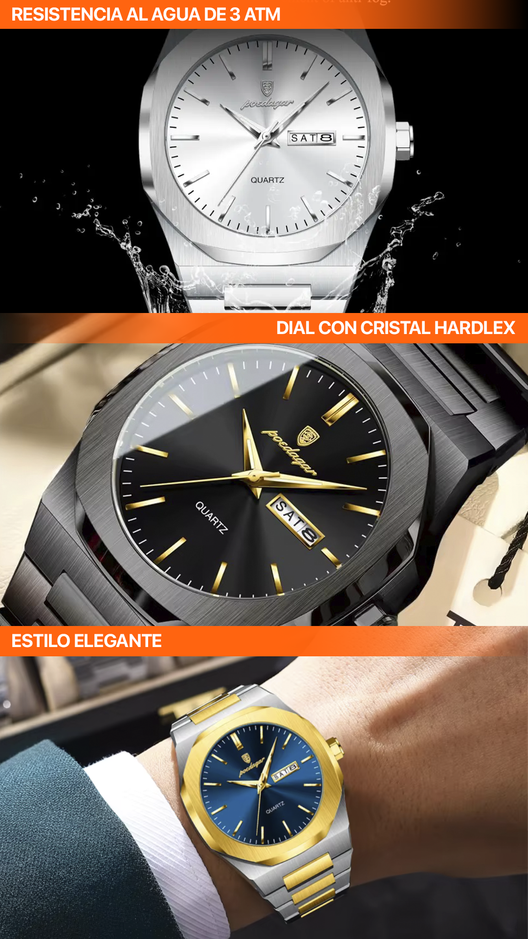 RELOJ POEDAGAR ORIGINAL - ELEGANTE DE ACERO INOXIDABLE | POE-26, POE-27, POE-28, POE-29, POE-30, POE-31, POE-32, POE-33