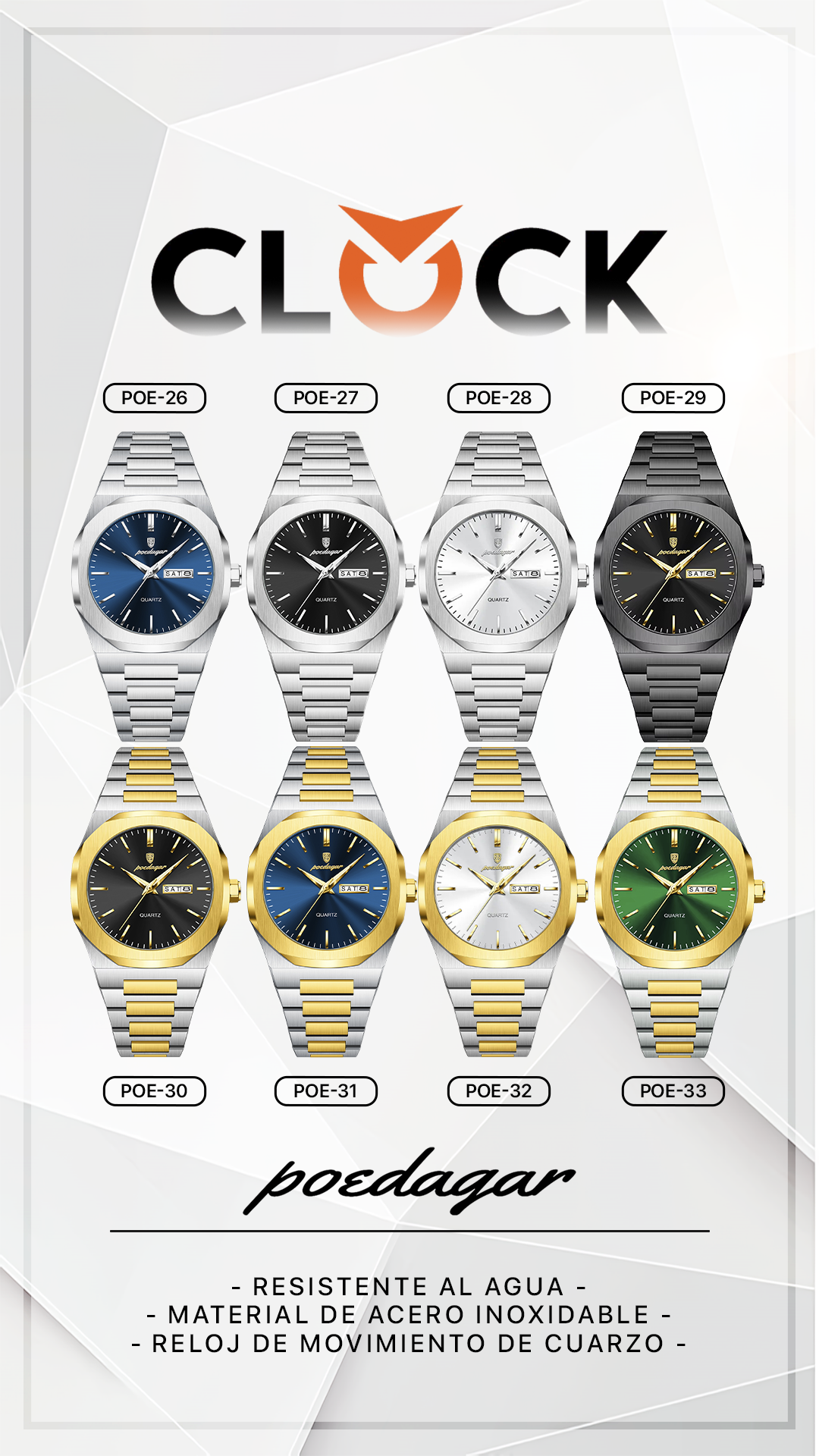 RELOJ POEDAGAR ORIGINAL - ELEGANTE DE ACERO INOXIDABLE | POE-26, POE-27, POE-28, POE-29, POE-30, POE-31, POE-32, POE-33