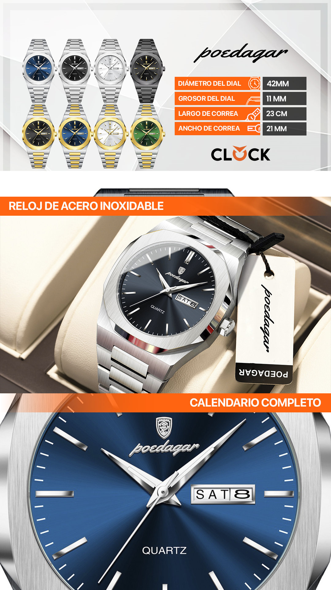 RELOJ POEDAGAR ORIGINAL - ELEGANTE DE ACERO INOXIDABLE | POE-26, POE-27, POE-28, POE-29, POE-30, POE-31, POE-32, POE-33