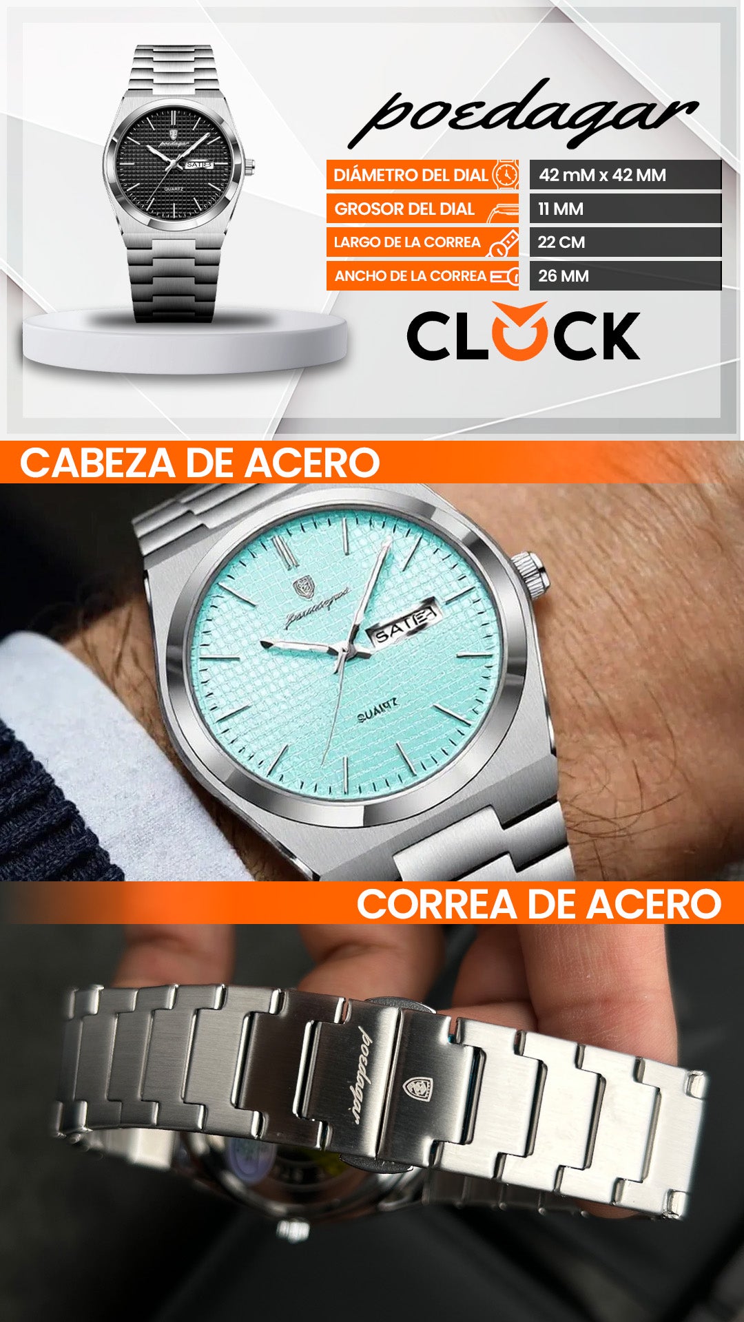 RELOJ POEDAGAR ORIGINAL - ELEGANTE ACERO INOXIDABLE | POE-34, POE-35, POE-36, POE-37, POE-38, POE-39, POE-40, POE-41, POE-42