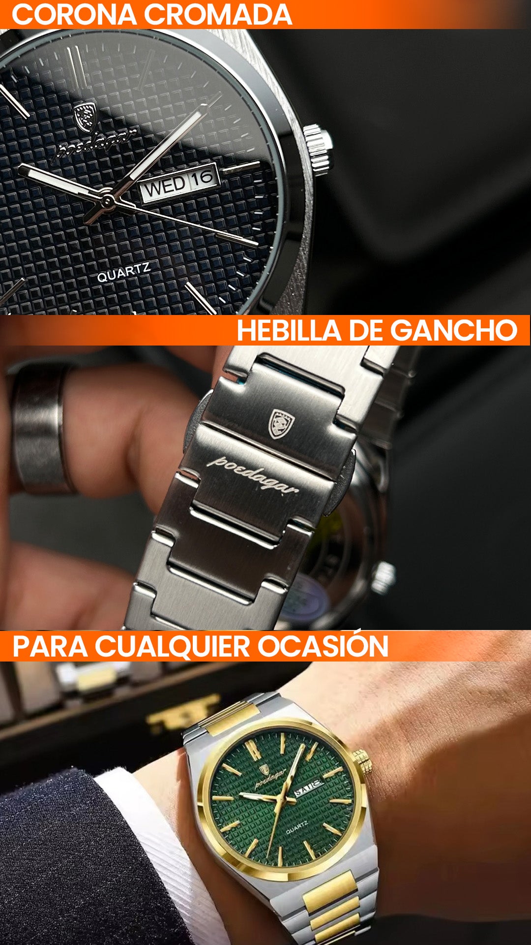 RELOJ POEDAGAR ORIGINAL - ELEGANTE ACERO INOXIDABLE | POE-34, POE-35, POE-36, POE-37, POE-38, POE-39, POE-40, POE-41, POE-42