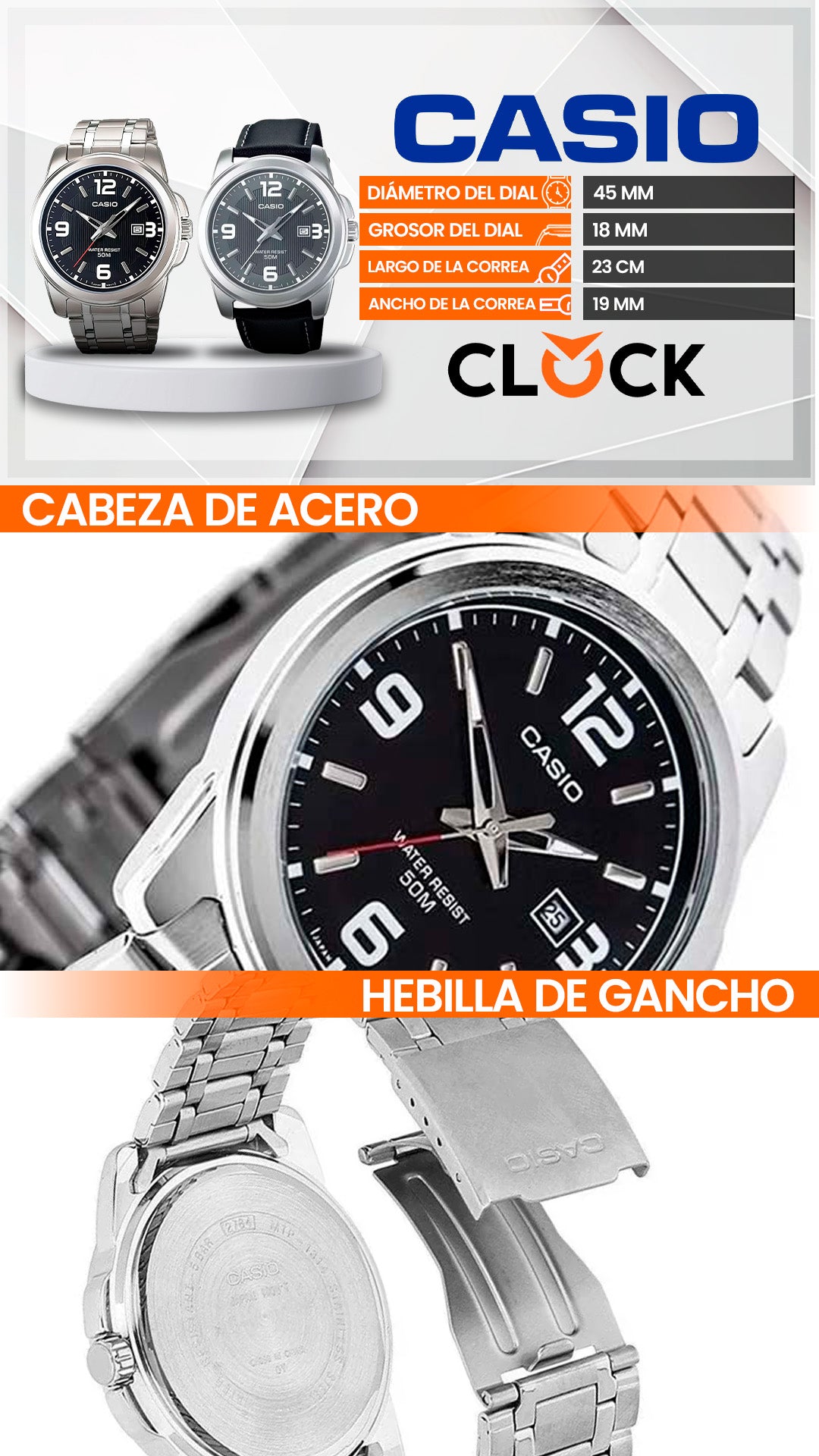 MTP-1314 | RELOJ CASIO ORIGINAL DE ACERO / CUERO NEGRO | CAS-253 , CAS-254