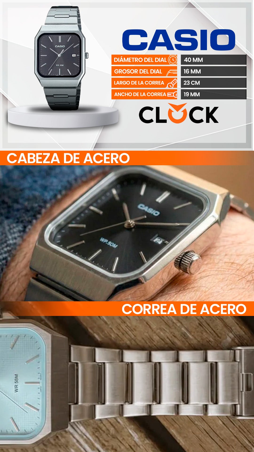 MTP-B185D | RELOJ CASIO ORIGINAL DE ACERO PLATEADO | CAS-88