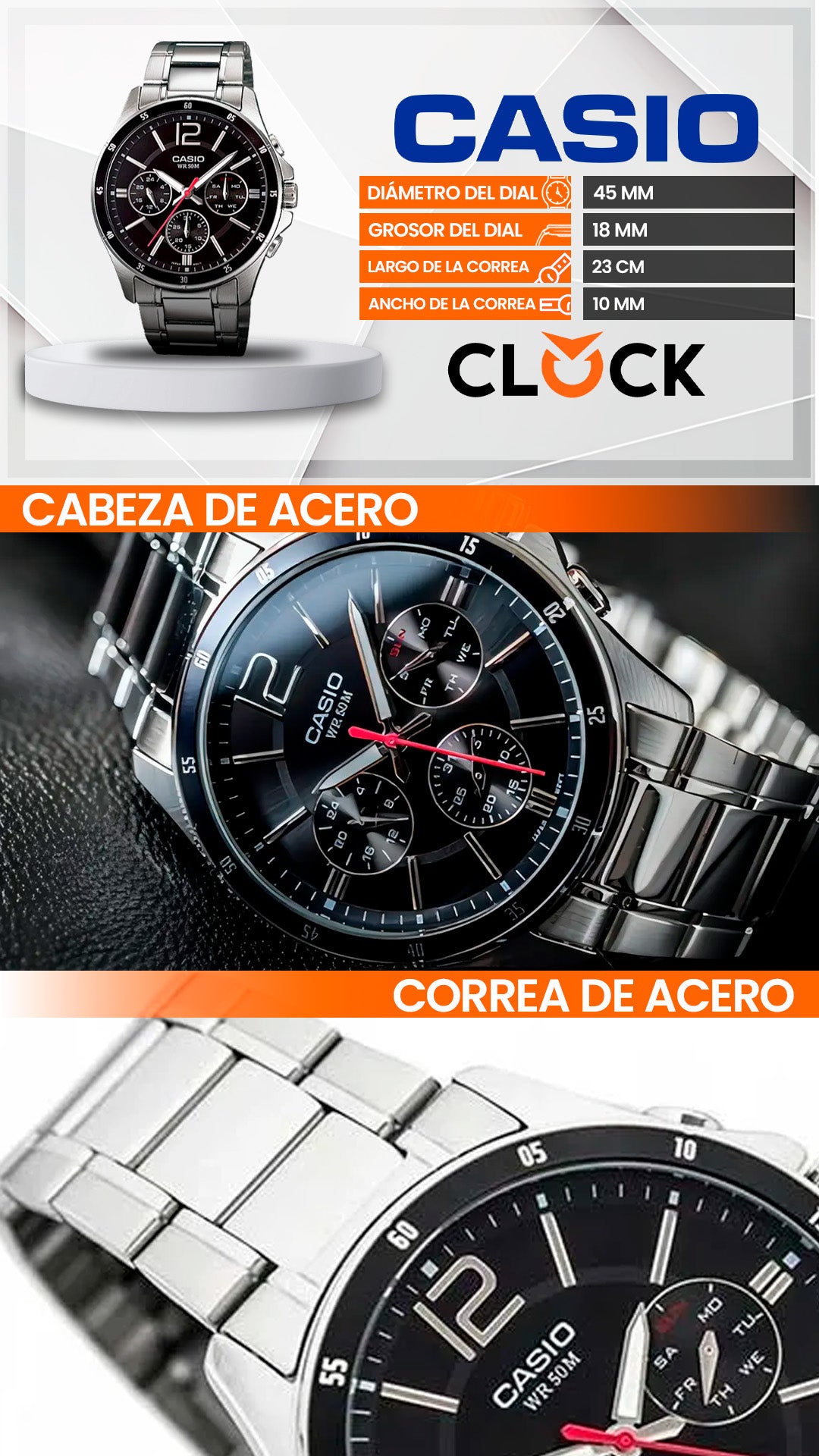 MTP-1374D | RELOJ CASIO ORIGINAL DE ACERO PLATEADO | CAS-92
