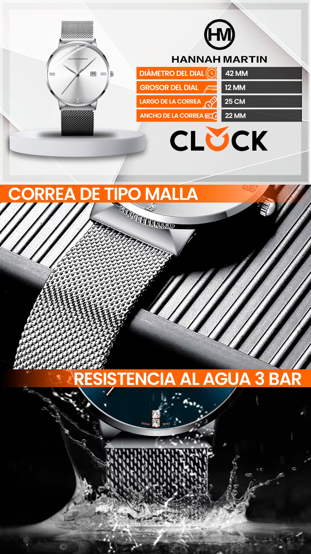 RELOJ ORIGINAL HANNAH MARTIN - ELEGANTE Y CASUAL - PLATEADO | HAN-90