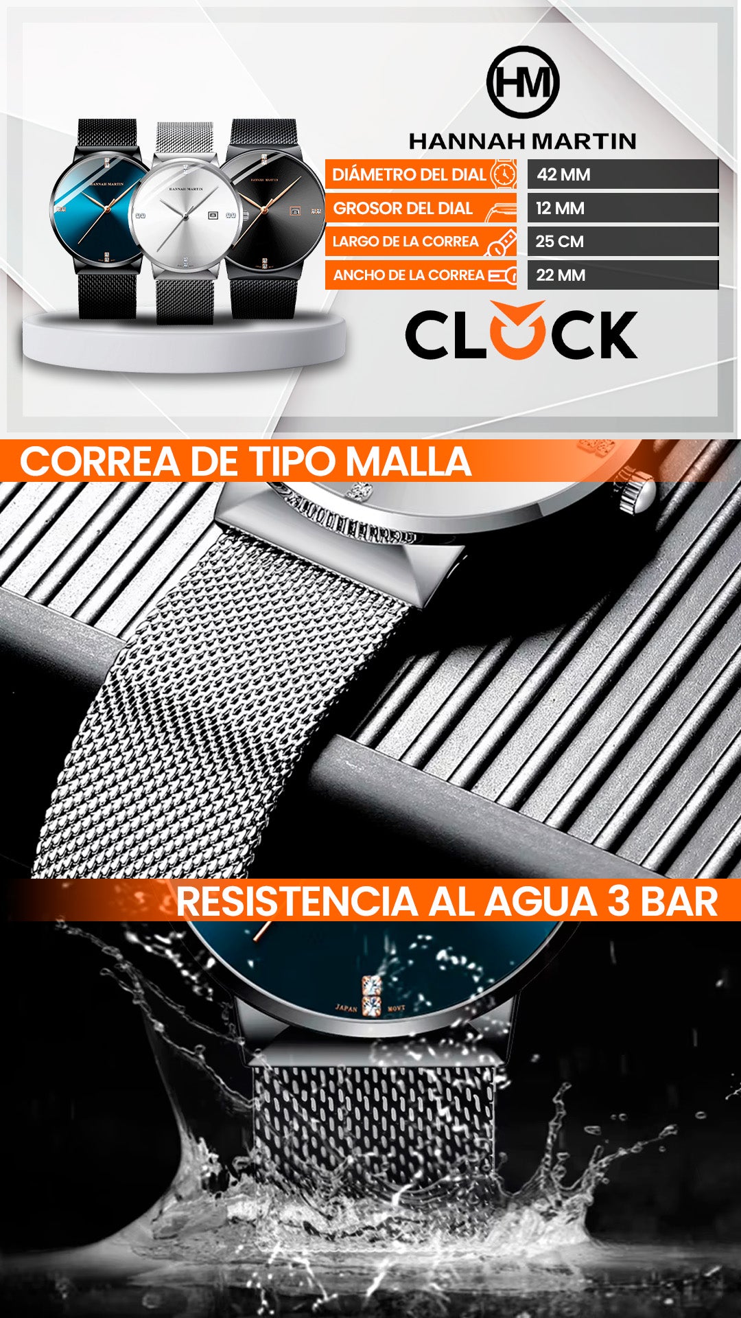 RELOJ ORIGINAL HANNAH MARTIN HM-901 - ELEGANTE Y CASUAL - NEGRO Y AZUL | HAN-22 | HAN-24 | HAN-89 | HAN-90