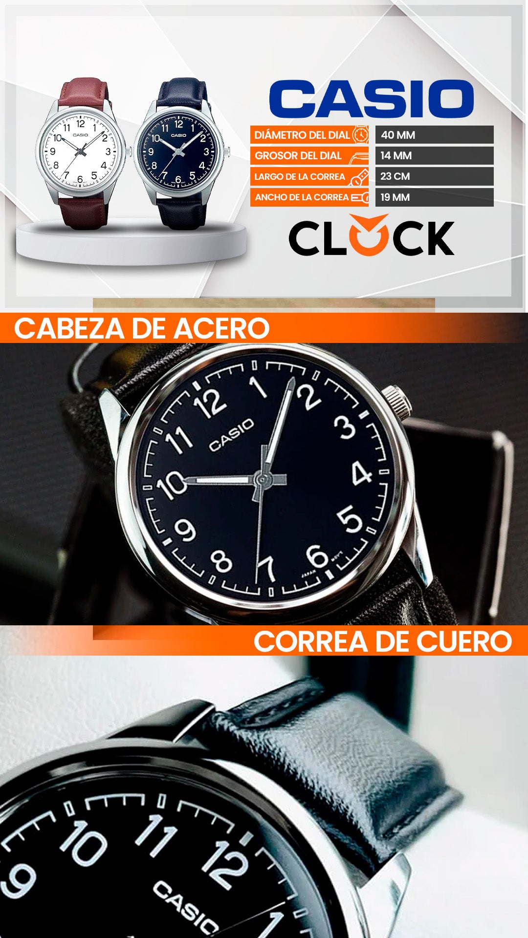 MTP-V005 | RELOJ CASIO ORIGINAL DE CUERO NEGRO/BLANCO | CAS-231, CAS-233