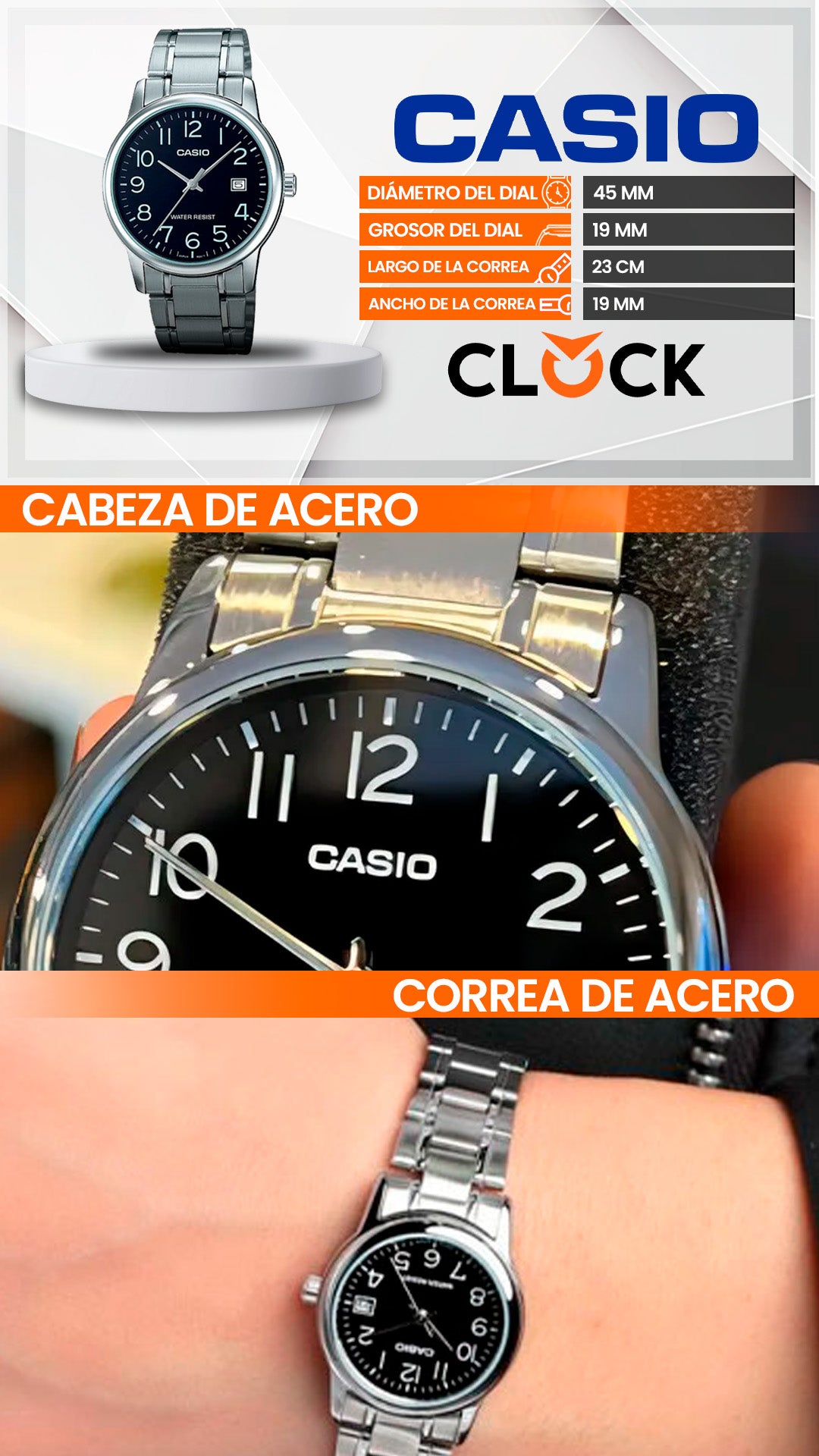 MTP-V002 | RELOJ CASIO ORIGINAL DE ACERO PLATEADO | CAS-16