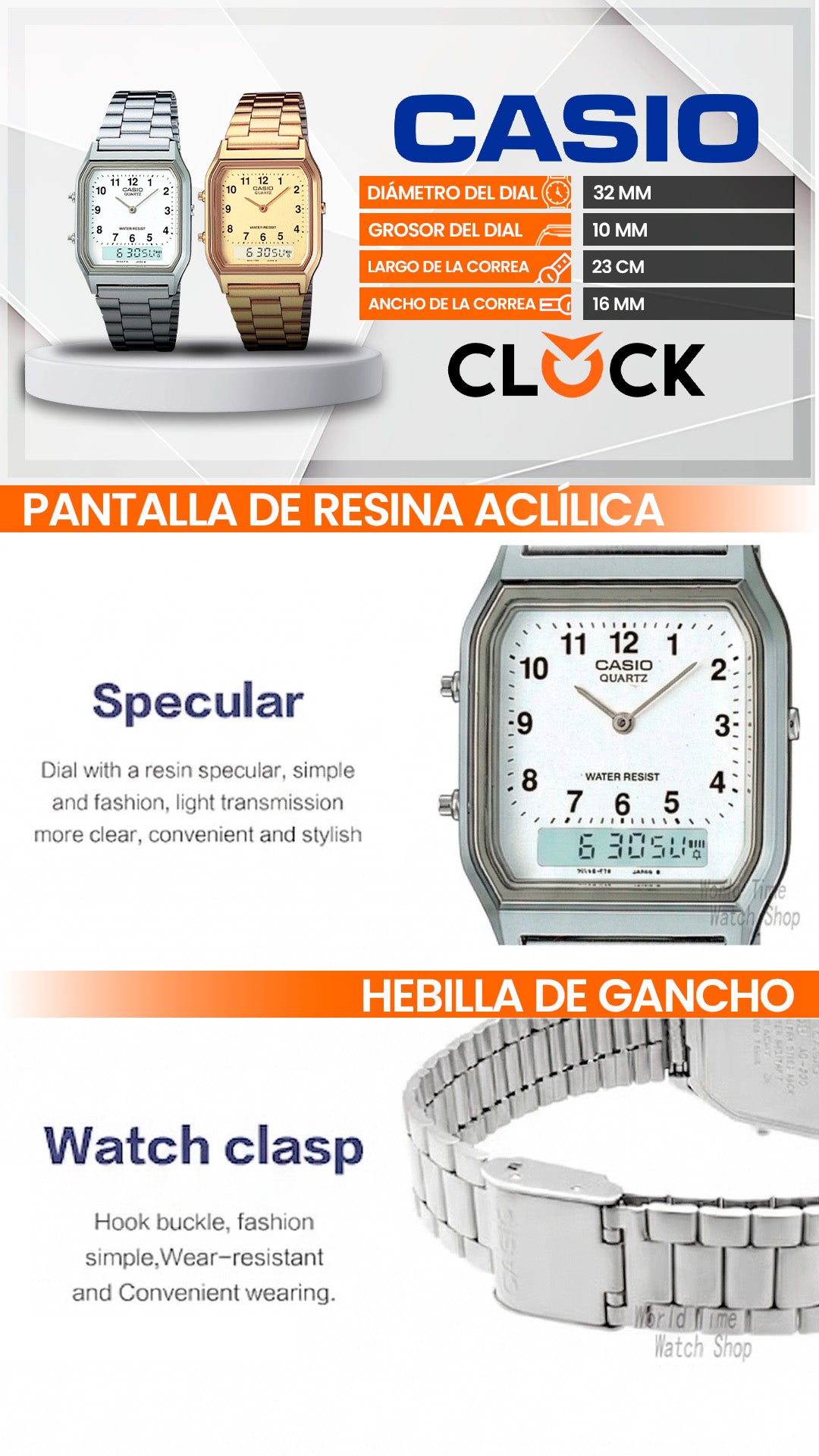 AQ-230 | RELOJ CASIO ORIGINAL DE ACERO PLATEADO /DORADO | CAS-108, CAS-24