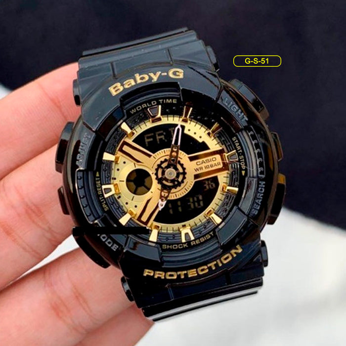 RELOJ BABY-G PARA MUJER - DEPORTIVO NEGRO CON DORADO PARA HOMBRE | G-S-51