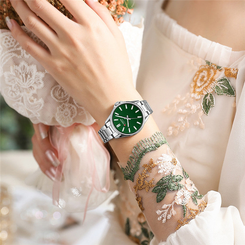 RELOJ CURREN ORIGINAL ELEGANTE PLATEADO CON VERDE PARA MUJER | CUR-104