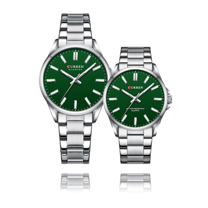 RELOJ CURREN ORIGINAL ELEGANTE PLATEADO CON VERDE PARA PAREJA | CUR-103 / CUR-104