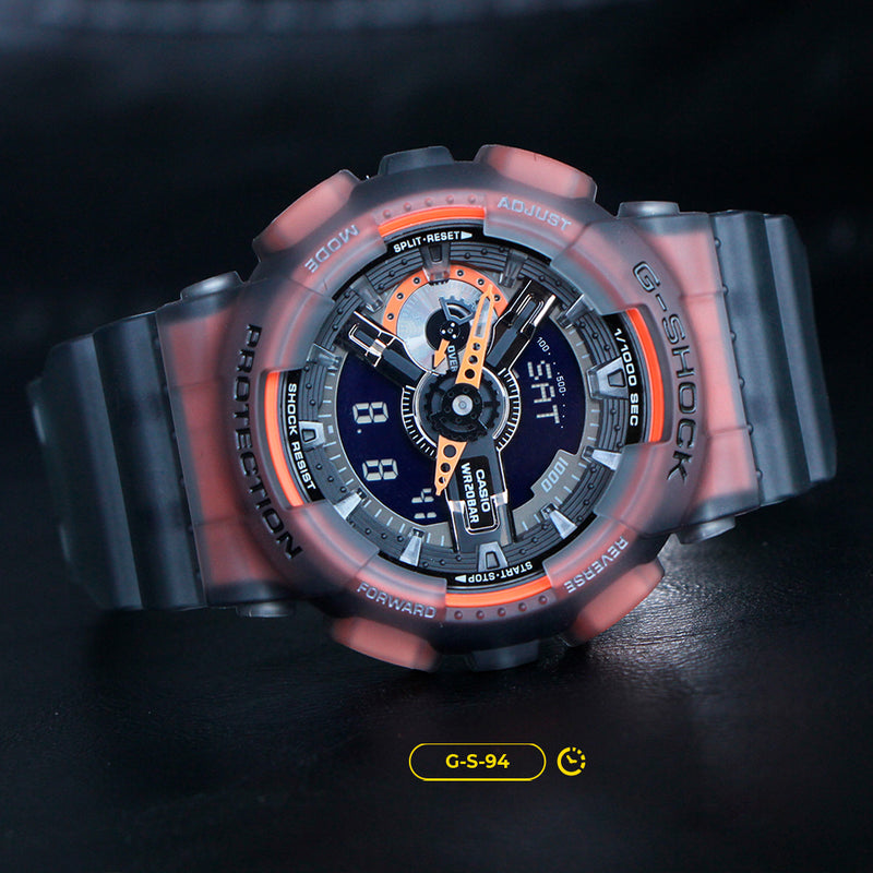 RELOJ G-SHOCK - CENIZA - GA 110 - ANARANJADO CON PLOMO TRANSPARENTE - DEPORTIVO CASUAL PARA HOMBRE - G-S-94-2