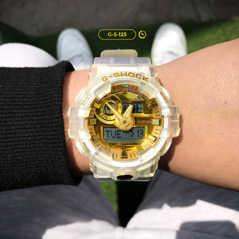 RELOJ G-SHOCK DEPORTIVO TRANSPARENTE CON DORADO | G-S-125