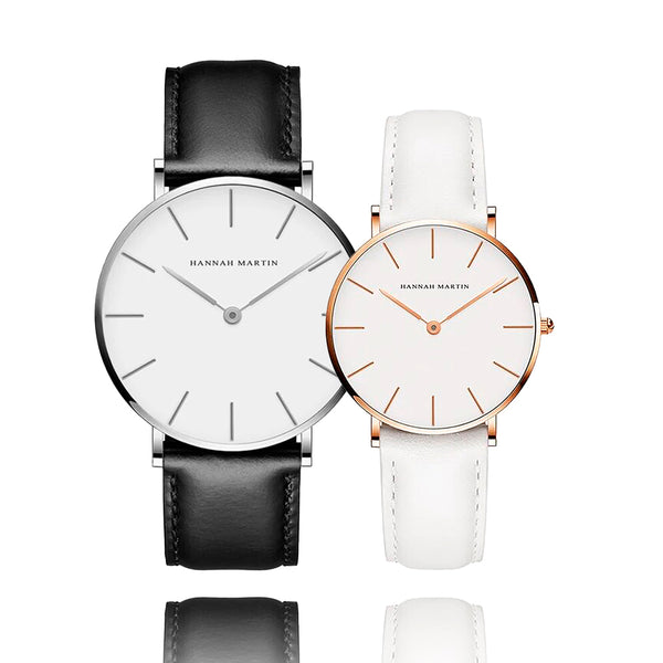 RELOJ HANNAH MARTIN ORIGINAL PARA PAREJA: "BLACK & WHITE LEATHER" | HAN-17/ HAN-18 (1)