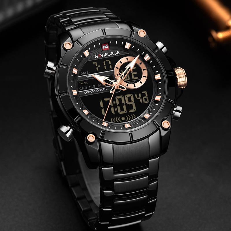 RELOJ NAVIFORCE ORGINAL - ELEGANTE DORADO Y NEGRO PARA HOMBRE NF9163 | NAV-18 | NAV-19