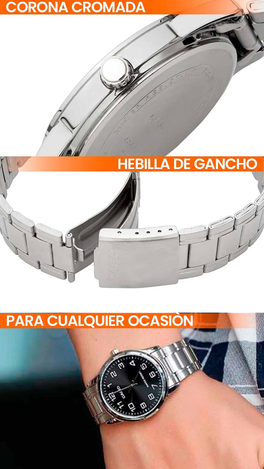 MTP-V001 | RELOJ CASIO ORIGINAL DE ACERO PLATEADO | CAS-2, CAS-21, CAS-85
