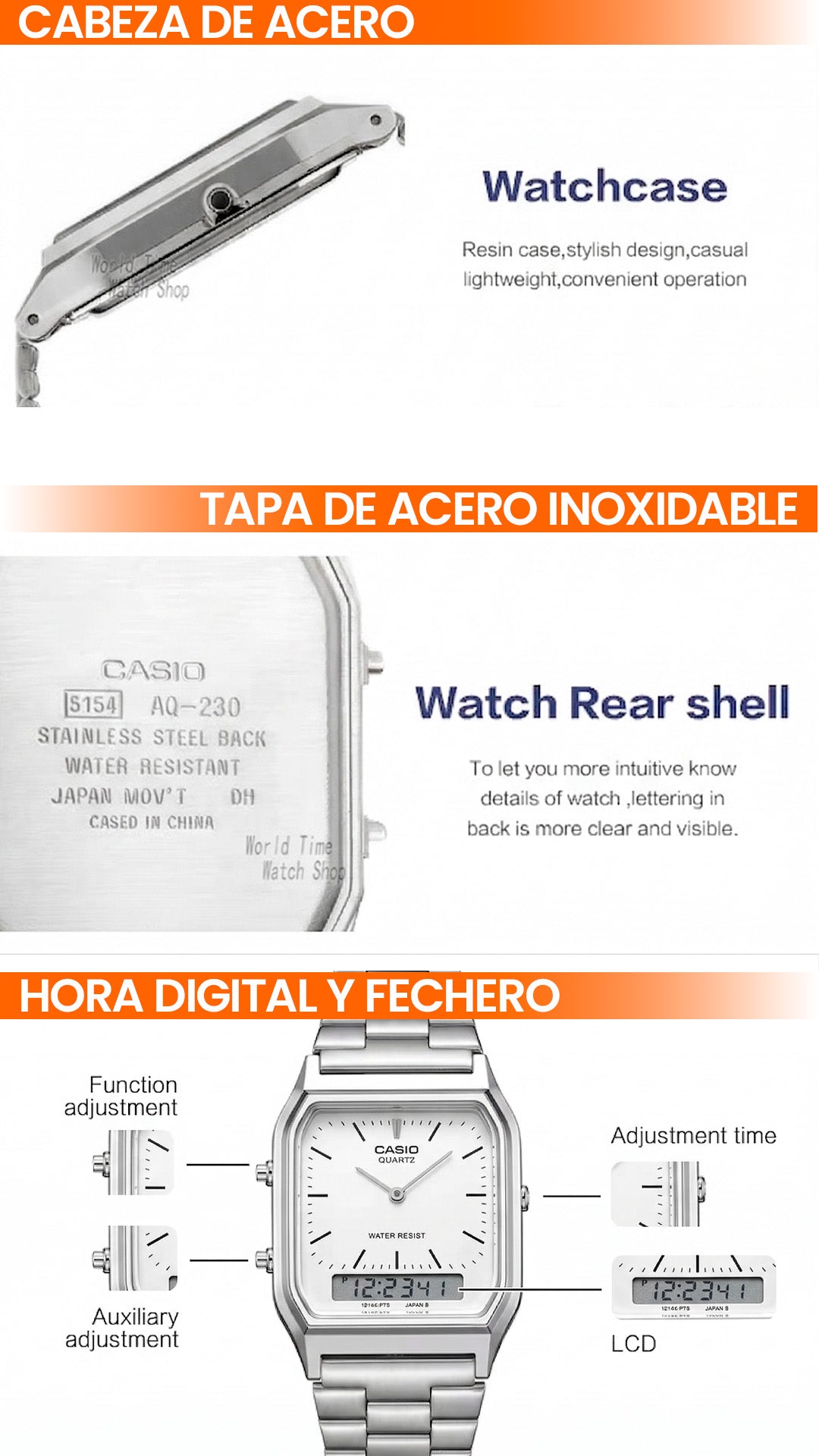 AQ-230 | RELOJ CASIO ORIGINAL DE ACERO PLATEADO /DORADO | CAS-108, CAS-24