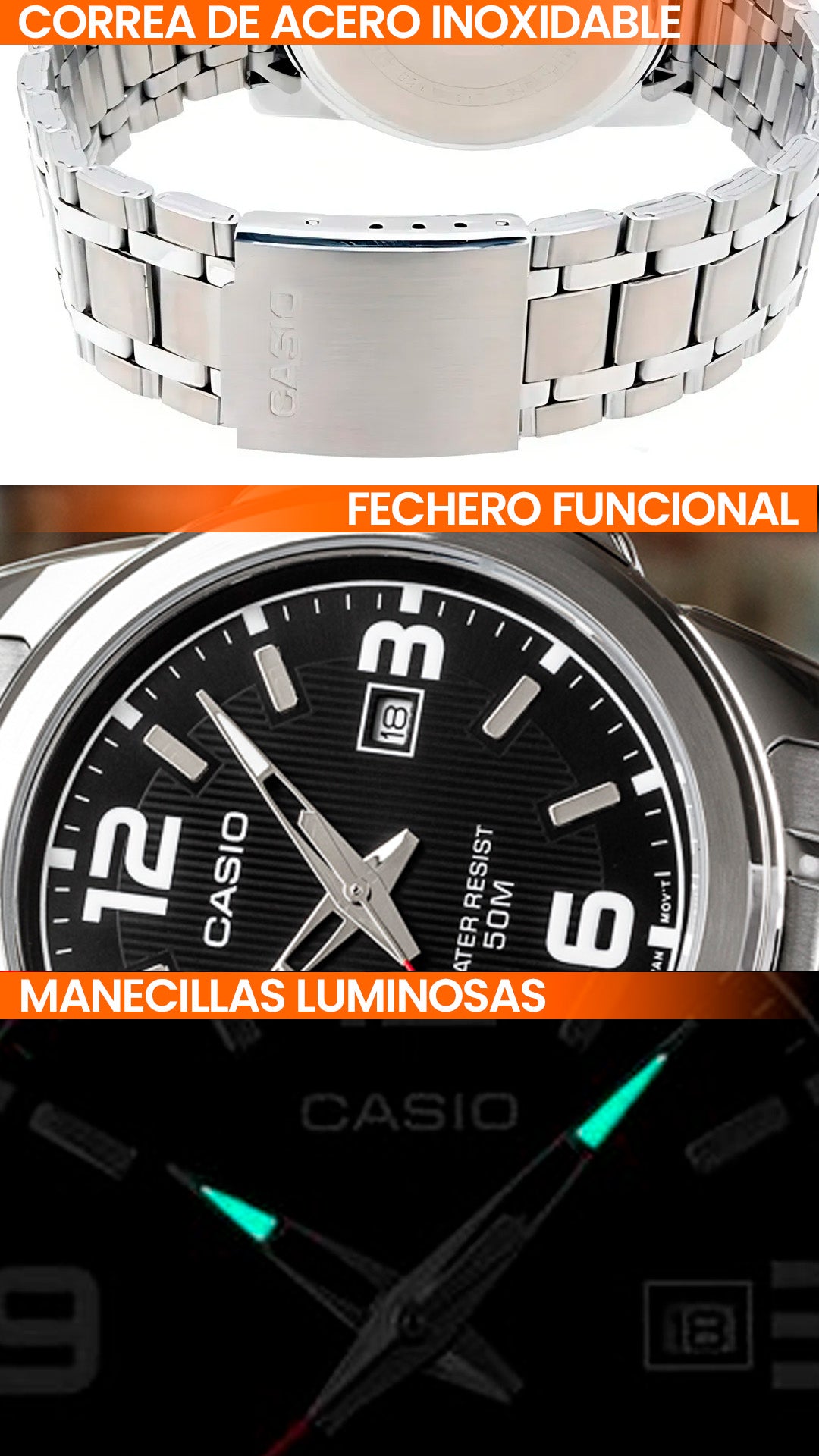 MTP-1314 | RELOJ CASIO ORIGINAL DE ACERO / CUERO NEGRO | CAS-253 , CAS-254