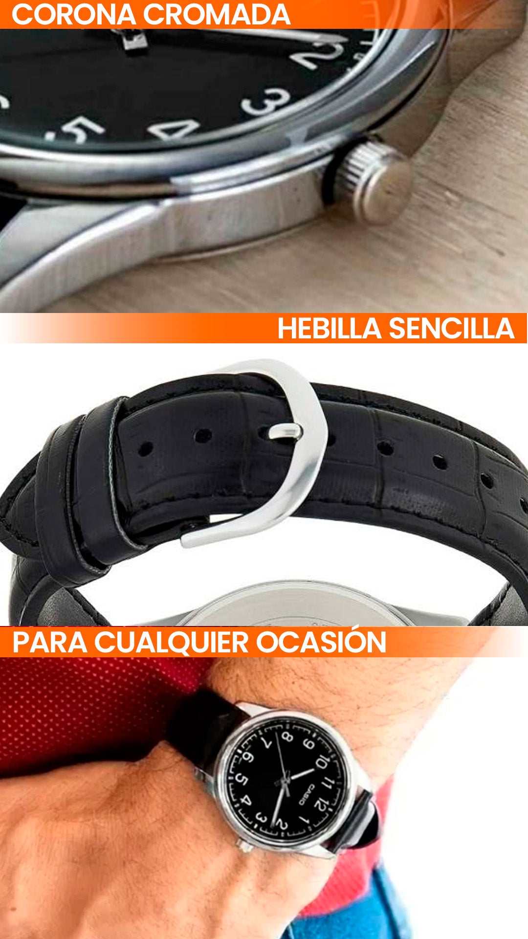 MTP-V005 | RELOJ CASIO ORIGINAL DE CUERO NEGRO/BLANCO | CAS-231, CAS-233