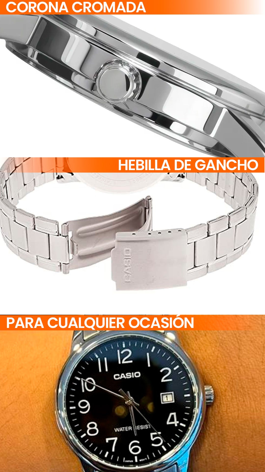 MTP-V002 | RELOJ CASIO ORIGINAL DE ACERO PLATEADO | CAS-16