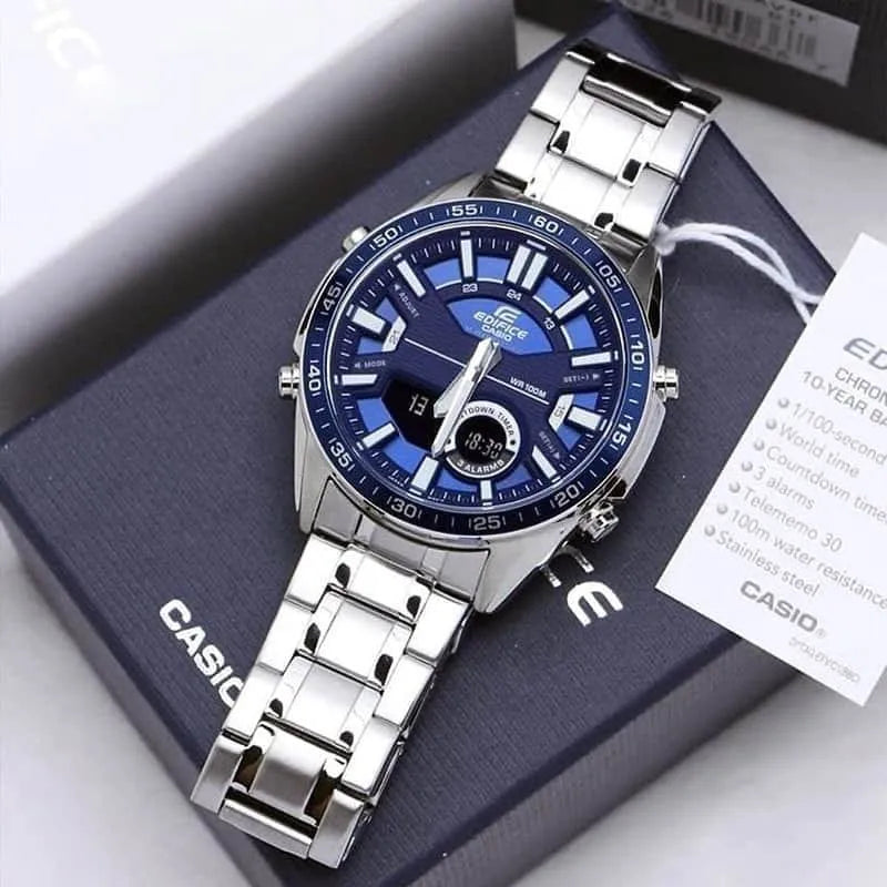 Reloj Casio Edifice EFV-C100D-2AV para hombre sobre caja de presentación con dial azul y correa de acero inoxidable
