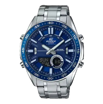 Reloj Casio Edifice EFV-C100D-2AV para hombre con dial azul y correa de acero inoxidable sobre fondo blanco