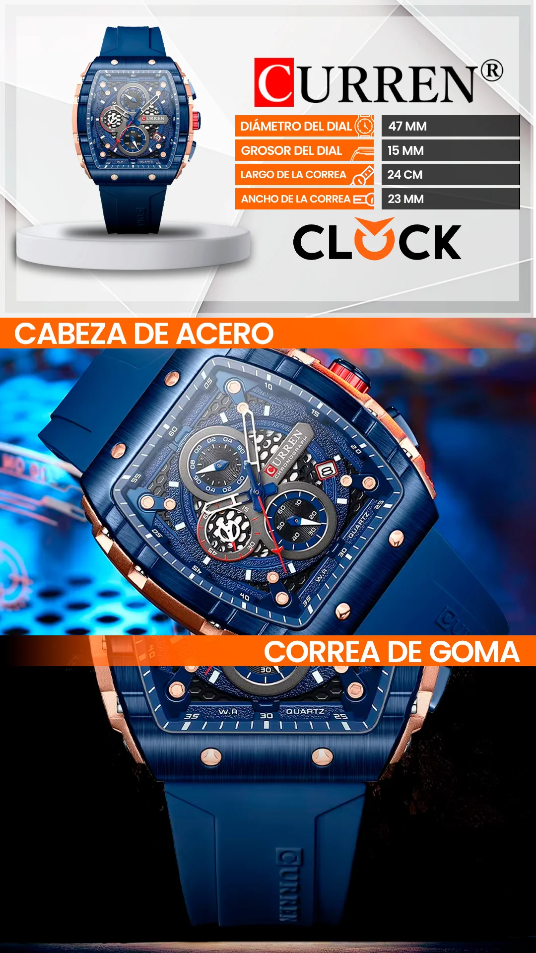 RELOJ CURREN ORIGINAL CASUAL NEGRO Y AZUL | CUR-124 | CUR-125
