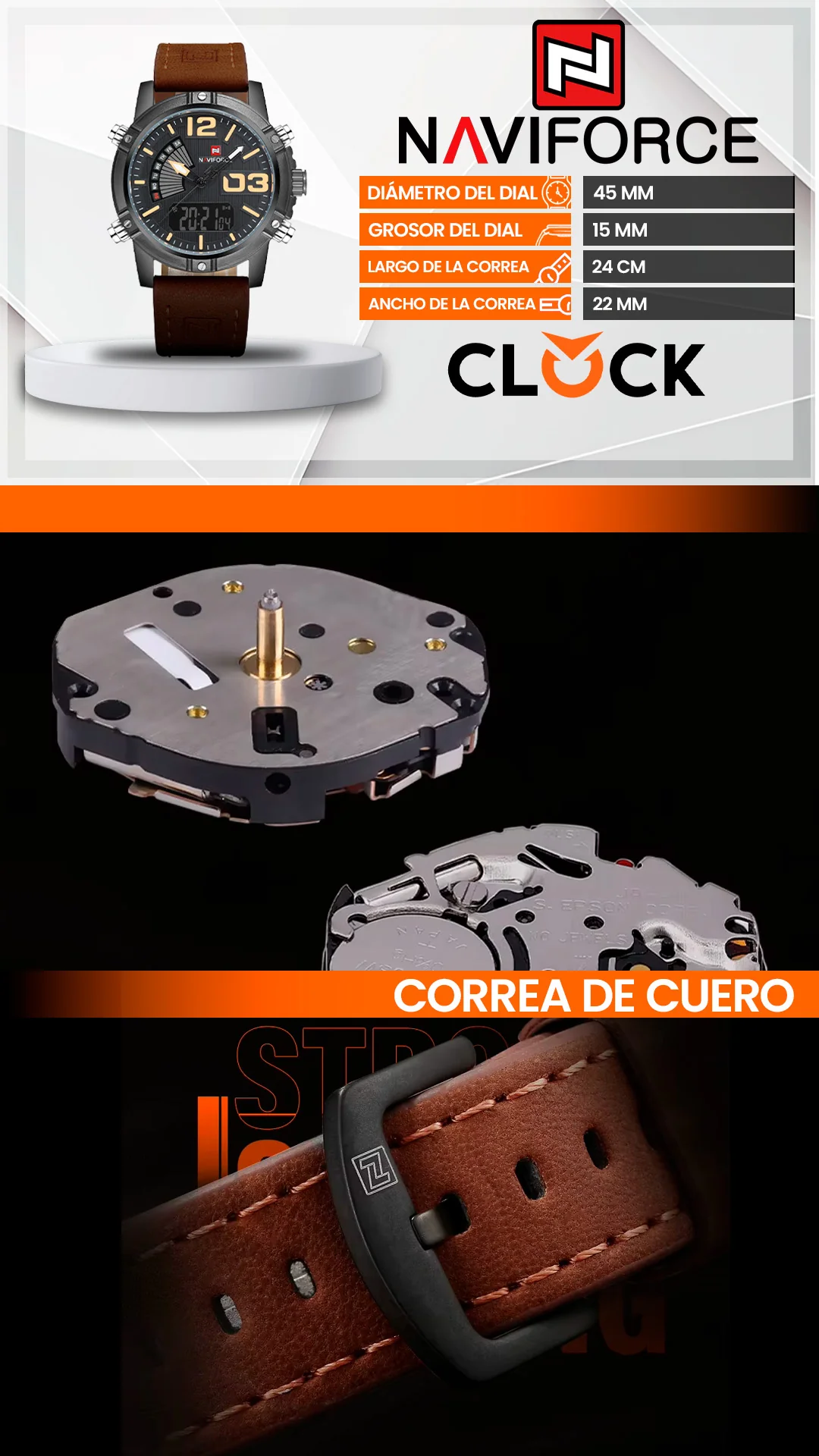 RELOJ NAVIFORCE ORIGINAL ELEGANTE Y CASUAL MARRÓN Y NEGRO | NAV-16 | NAV-108