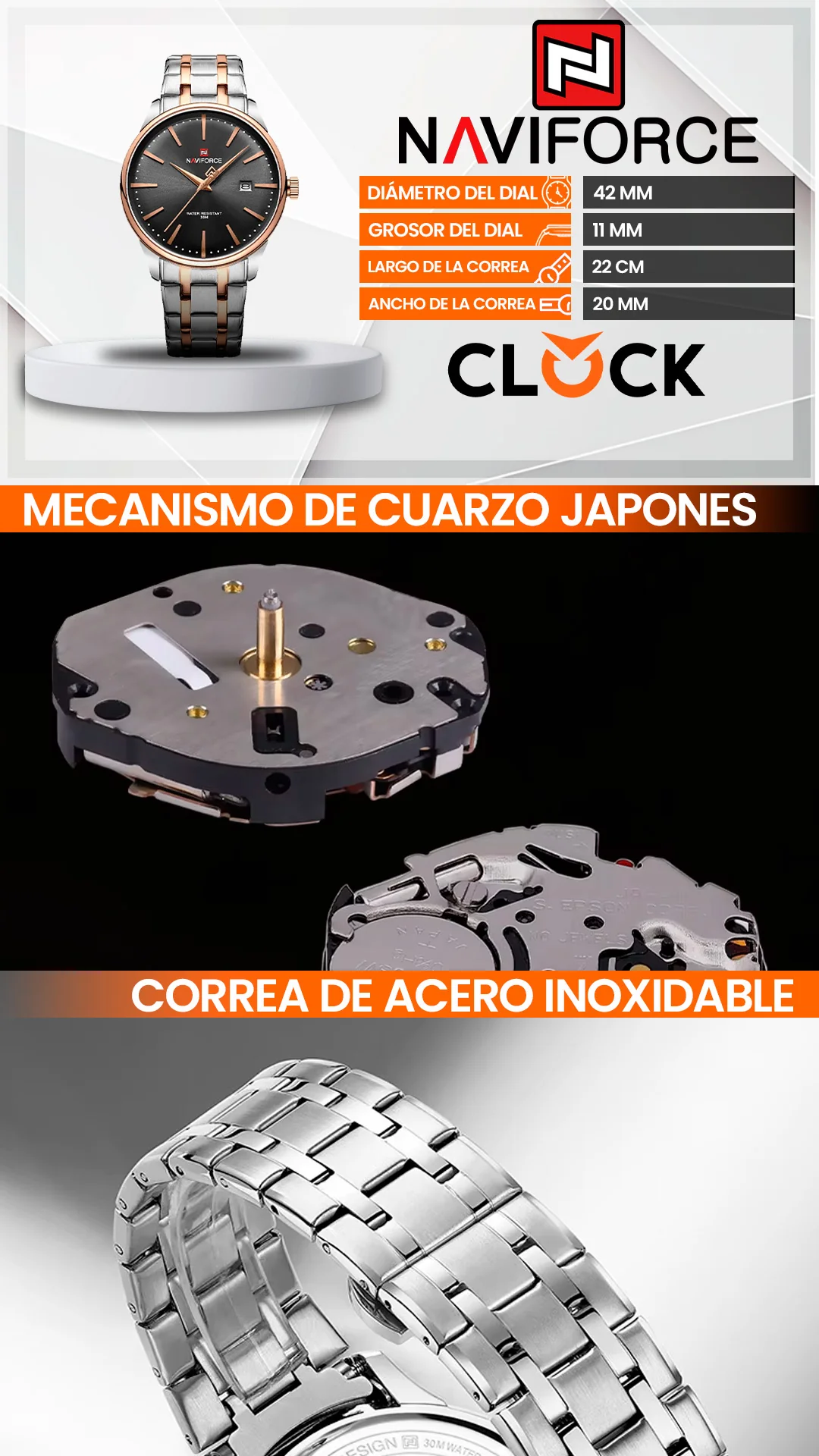 RELOJ NAVIFORCE ORIGINAL ELEGANTE - AZUL - ORO ROSA - PLATEADO | NAV-140, NAV-141, NAV-142