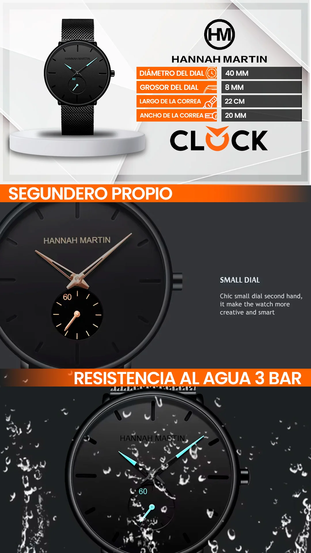RELOJ ORIGINAL HANNAH MARTIN HM-100G - ELEGANTE  Y CASUAL - NEGRO | HAN-27 | HAN-28 | HAN-65
