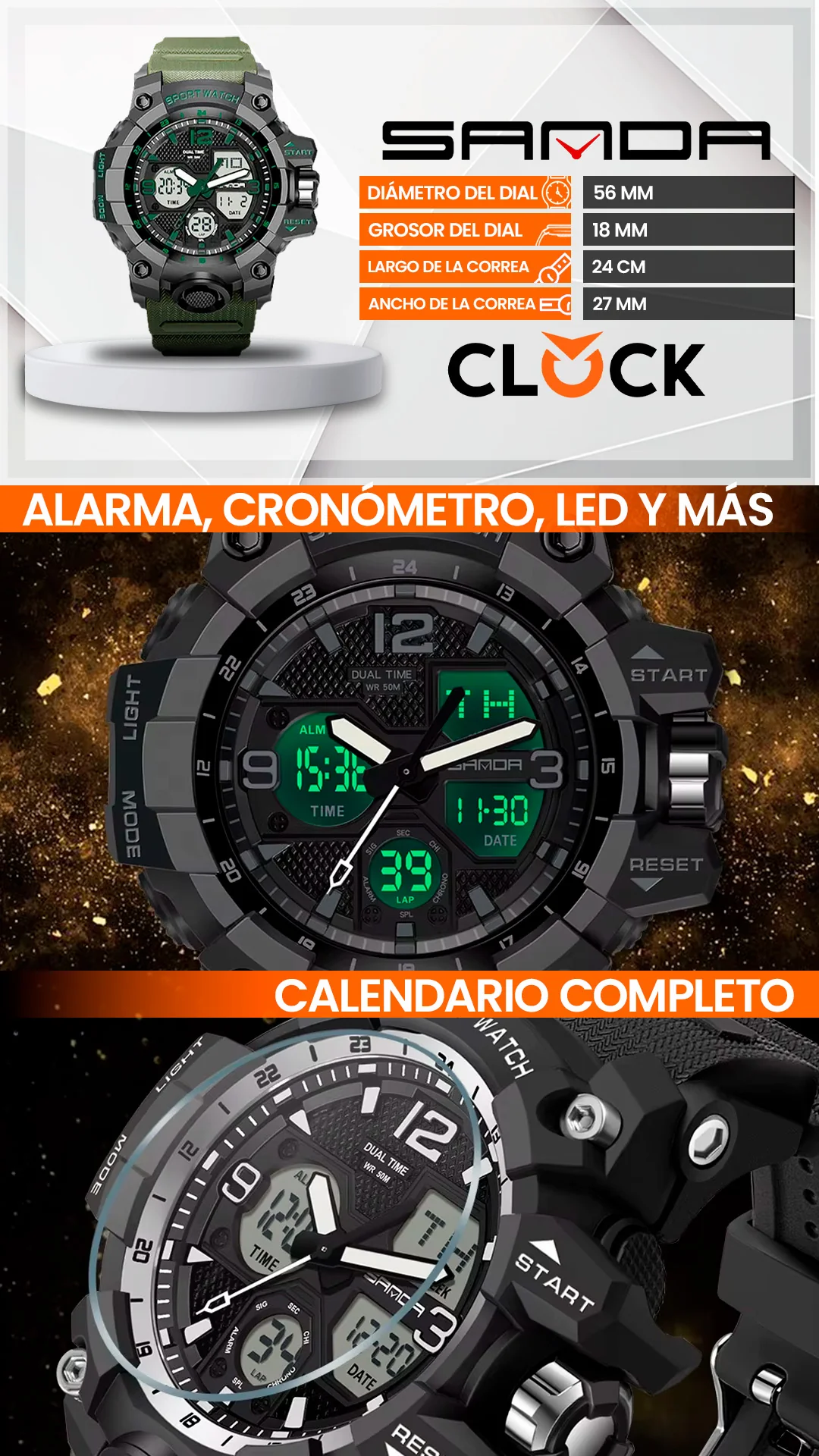RELOJ SANDA ORIGINAL DEPORTIVO NEGRO - VERDE | SAN-23 | SAN-24 | SAN-27