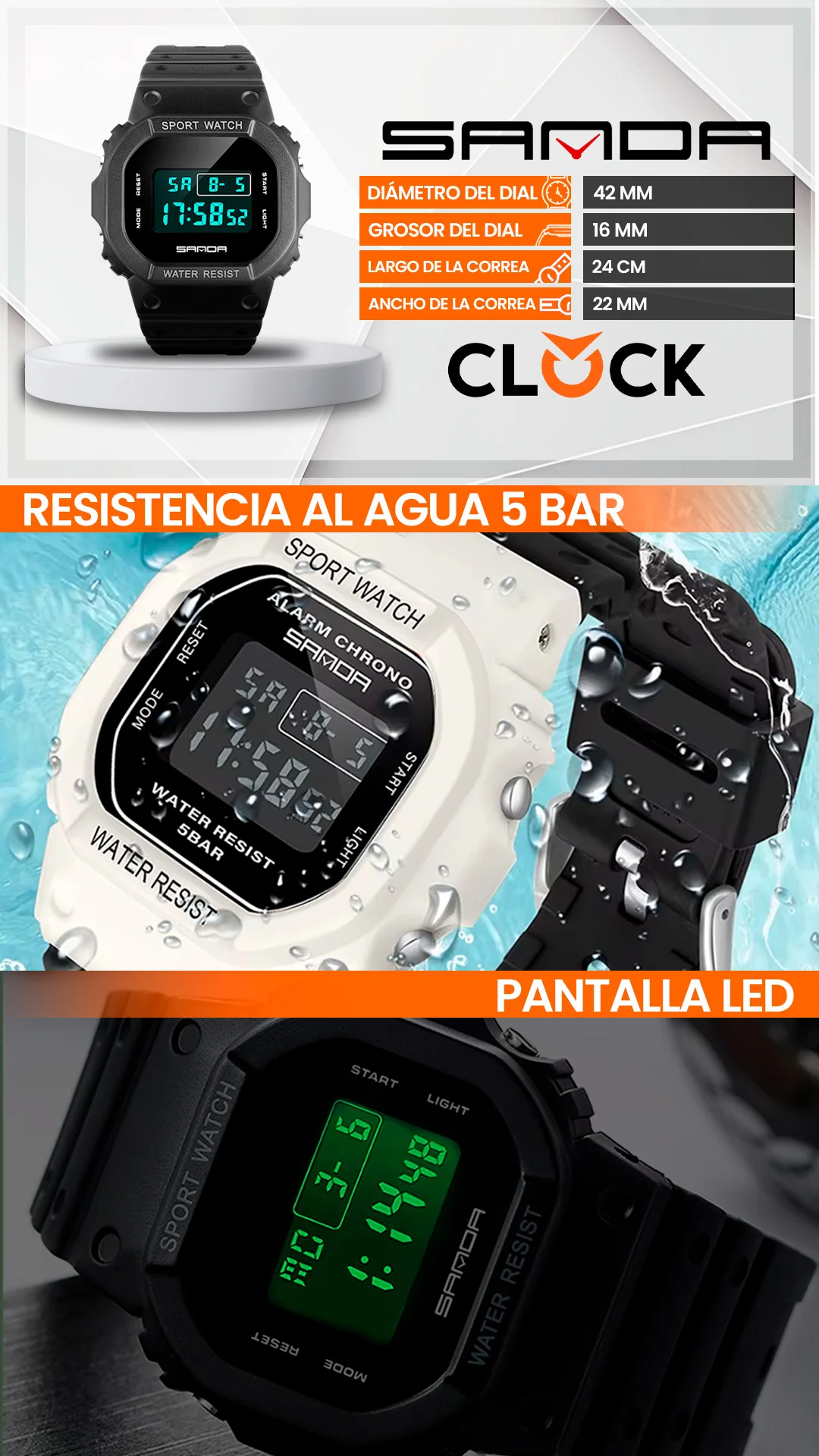 RELOJ SANDA NEGRO SIMPLE DEPORTIVO CASUAL | SAN-35