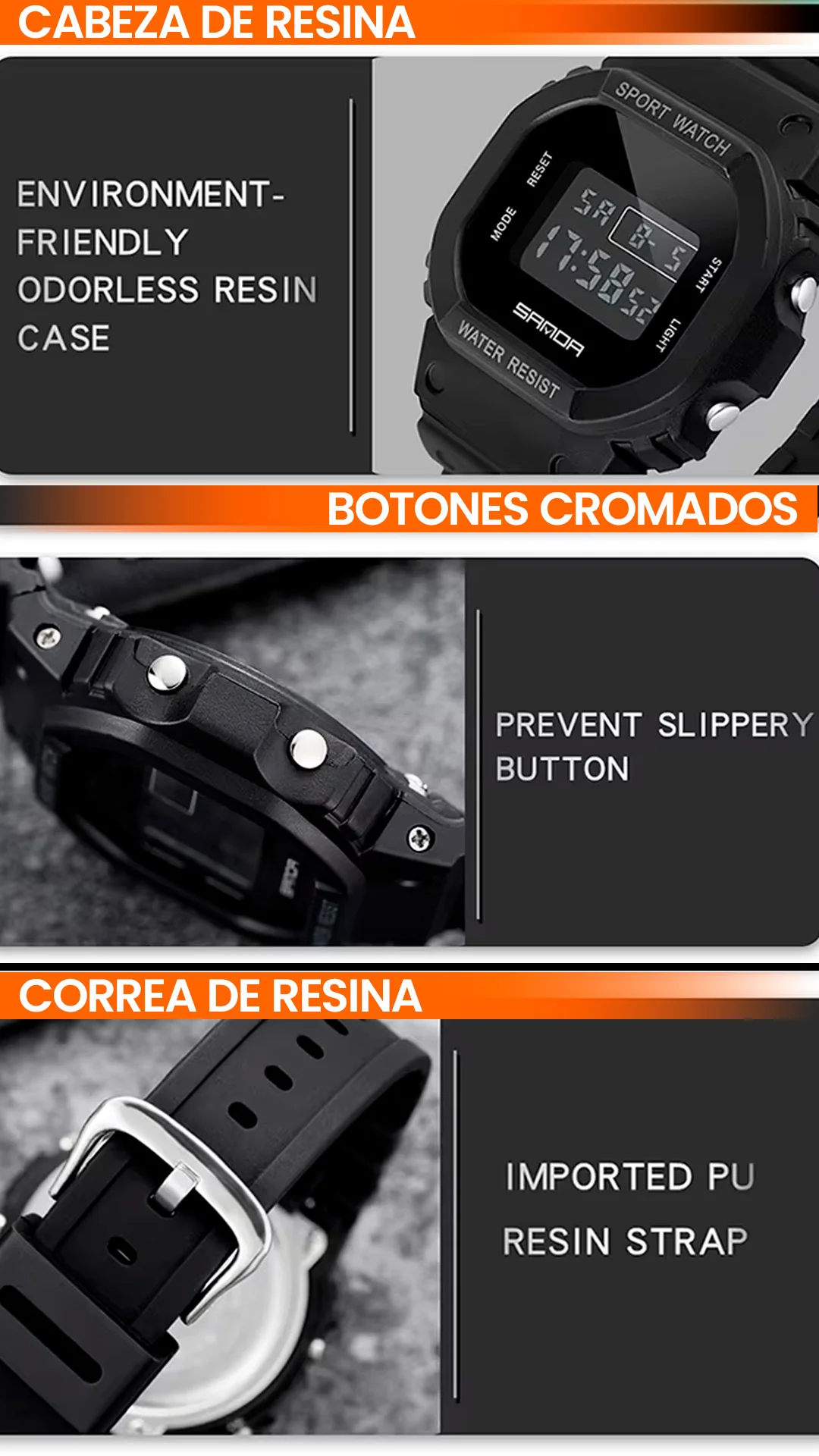 RELOJ SANDA NEGRO SIMPLE DEPORTIVO CASUAL | SAN-35