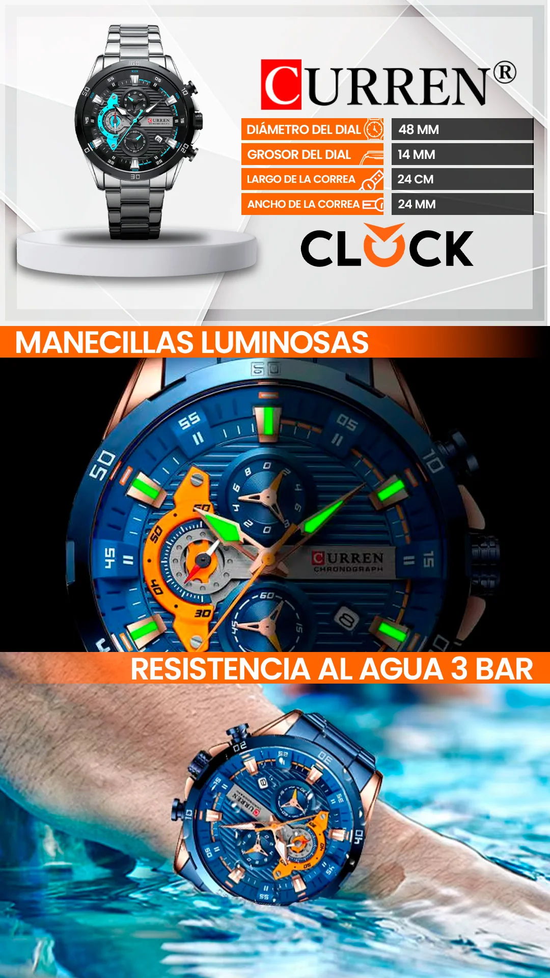 RELOJ CURREN ORIGINAL - CASUAL PLATEADO, NEGRO Y AZUL 8402 | CUR-88, CUR-89, CUR-90